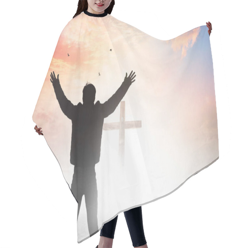 Personality  Emotional Wellness Concept: Silhouette Of Man Raised Hands At Sunset Meadow Background Hair Cutting Cape