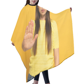 Personality  Cropped View Of Woman Showing No Sign On Yellow Background Hair Cutting Cape