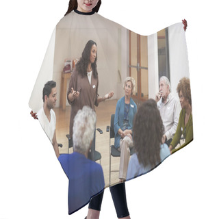 Personality  Woman Standing To Address Self Help Therapy Group Meeting In Community Center Hair Cutting Cape