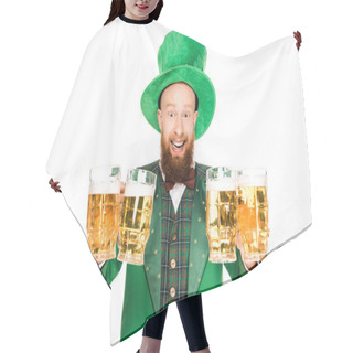 Personality  Excited Leprechaun Celebrating St Patricks Day With Glasses Of Beer, Isolated On White Hair Cutting Cape