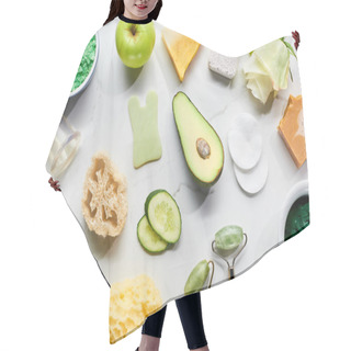 Personality  Top View Of Natural Beauty Products And Gadgets Near Fresh Fruits And Vegetables On Marble Surface  Hair Cutting Cape