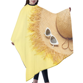 Personality  Straw Hat And Stylish Suglasses On Yellow Background Hair Cutting Cape