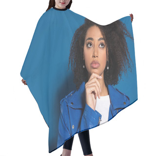Personality  Pensive African American Woman Looking Away On Blue Background Hair Cutting Cape