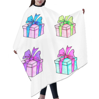 Personality  Set Of Gift, Present Box. Christmas, New Year, Birthday, Other Holiday. Simple Watercolor Illustration For Greeting Cards, Calendars, Prints, Children's Book. Doodles, Line Art, Hand Drawn Hair Cutting Cape