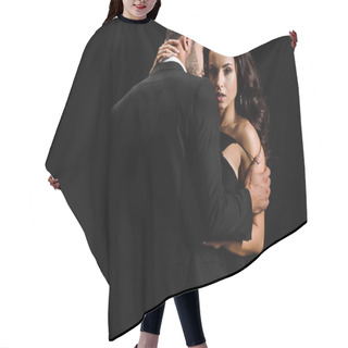 Personality  Bearded Man Undressing Attractive Young Woman Isolated On Black  Hair Cutting Cape