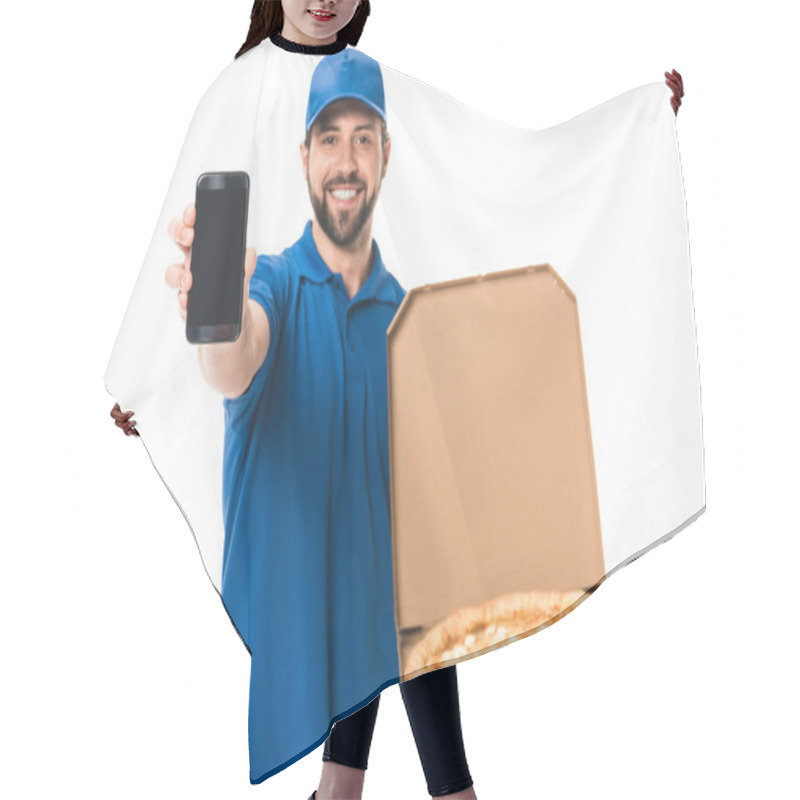 Personality  Happy Delivery Man Holding Smartphone And Pizza In Box Isolated On White   Hair Cutting Cape