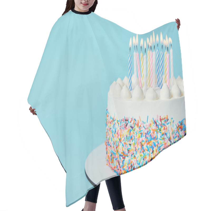 Personality  Delicious Birthday cake with lighting candles on blue background hair cutting cape