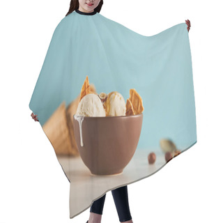 Personality  Selective Focus Of Bowl With Delicious Ice Cream Scoops With Pieces Of Waffle On Blue Hair Cutting Cape