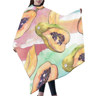 Personality  Exotic Tropical Healthy Food In A Watercolor Style. Seamless Background Pattern. Full Name Of The Fruit: Papaya. Aquarelle Wilfruit For Background, Texture, Wrapper Pattern Or Menu. Hair Cutting Cape