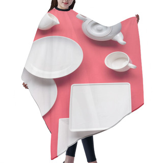 Personality  White Crockery Plates And Tea-set On Red Background Hair Cutting Cape