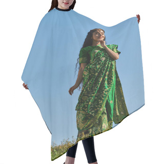 Personality  Young Indian Woman In Elegant Traditional Sari In Green Field Under Blue Sky, Summer Happiness Hair Cutting Cape