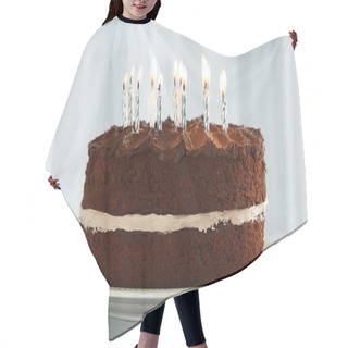 Personality  Delicious Chocolate Cake With Candles On Table On Light Background Hair Cutting Cape