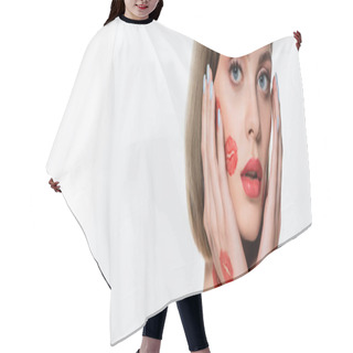 Personality  Young Woman With Red Kiss Prints On Cheeks Touching Face Isolated On White, Banner Hair Cutting Cape