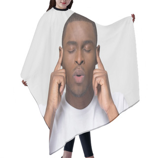 Personality  Stressed Nervous African American Man Breathing Out For Stress Relief Hair Cutting Cape