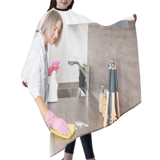 Personality  Woman Doing Cleaning Kitchen. Washing A Kitchen With A Yellow Sponge And Detergent. House Cleaning Hair Cutting Cape