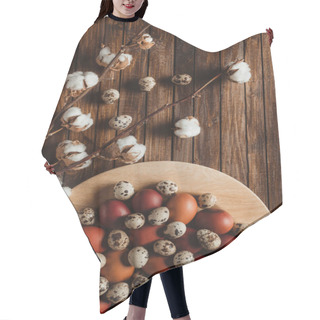 Personality  Flat Lay With Chicken And Quail Eggs On Plate On Wood Background With Cotton Flowers Hair Cutting Cape