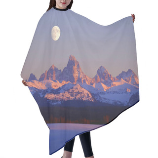 Personality  Sunset Light Alpen Glow On Tetons Teton Mountains Wtih Moon Risi Hair Cutting Cape