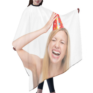 Personality  Smiling Young Woman In Party Cap Hair Cutting Cape