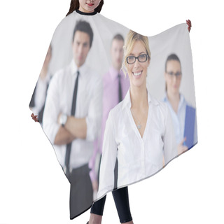 Personality  Business Woman Standing With Her Staff In Background Hair Cutting Cape