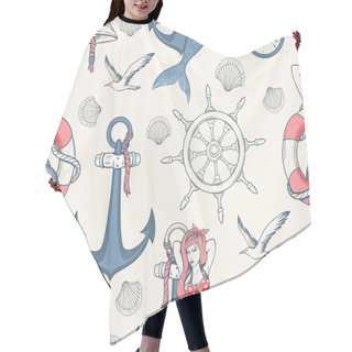 Personality  Seamless Nautical Pattern With Mermaids, Seagulls And Nautical Equipment Hair Cutting Cape