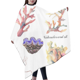 Personality  Watercolor Set With Coral Branch. Hand Painted Underwater Animal Isolated On White Background. Tropical Sea Life Illustration. For Design, Print Or Background. Hair Cutting Cape