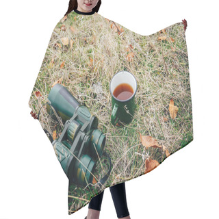Personality  Young Woman Drinking Tea On A Autumn Nature. Binocular, Traveler Hair Cutting Cape