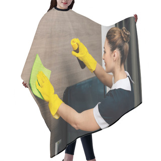 Personality  Young Beautiful Maid In Uniform Wiping Wood Wall With Rag And Aerosol Furniture Cleaner Hair Cutting Cape