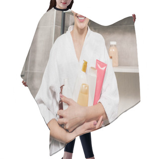 Personality  Cropped View Of Woman In White Bathrobe Holding Bottles In Bathroom Hair Cutting Cape