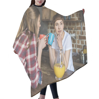 Personality  Attractive Young Women Drinking Coffee Together On Kitchen Hair Cutting Cape