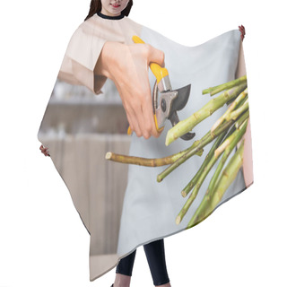 Personality  Cropped View Of Female Florist Holding Secateurs Near Stalks Of Flowers On Blurred Background Hair Cutting Cape