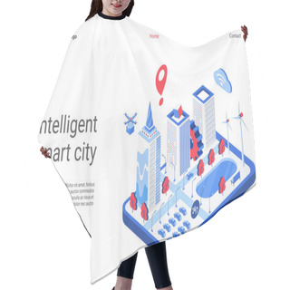 Personality  Isometric Smart City Vector Illustration, Website Interface 3d Modern Design With Futuristic Cityscape Infrastructure, Automation Of Office Buildings Hair Cutting Cape