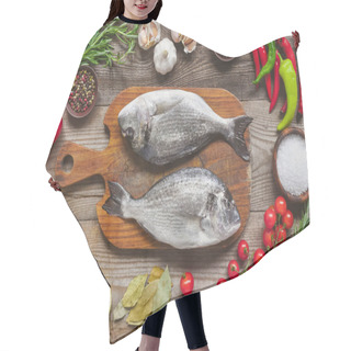 Personality  Top View Of Raw Fish On Wooden Board Surrounded By Ingredients On Table Hair Cutting Cape