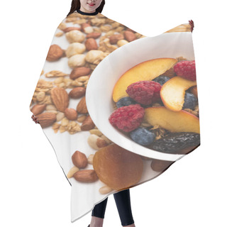 Personality  Delicious Granola With Nuts, Berries And Fruits In Bowl On White Hair Cutting Cape