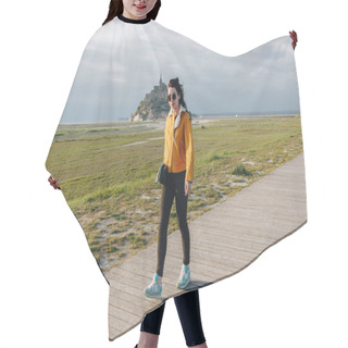 Personality  Full Length View Of Beautiful Girl In Sunglasses Walking Near Mont Saint Michel, France Hair Cutting Cape