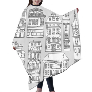 Personality  Set Of Different Color And Shape Old Houses. Facades Of Variegat Hair Cutting Cape