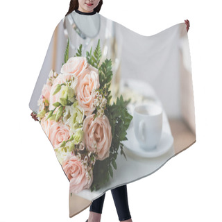 Personality  Selective Focus Of Wedding Bouquet Near Coffee Cup And Mirror On Blurred Background Hair Cutting Cape
