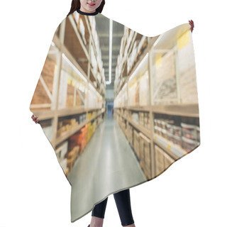 Personality  Blurred View Of Shelves With Boxes In Storage Hair Cutting Cape
