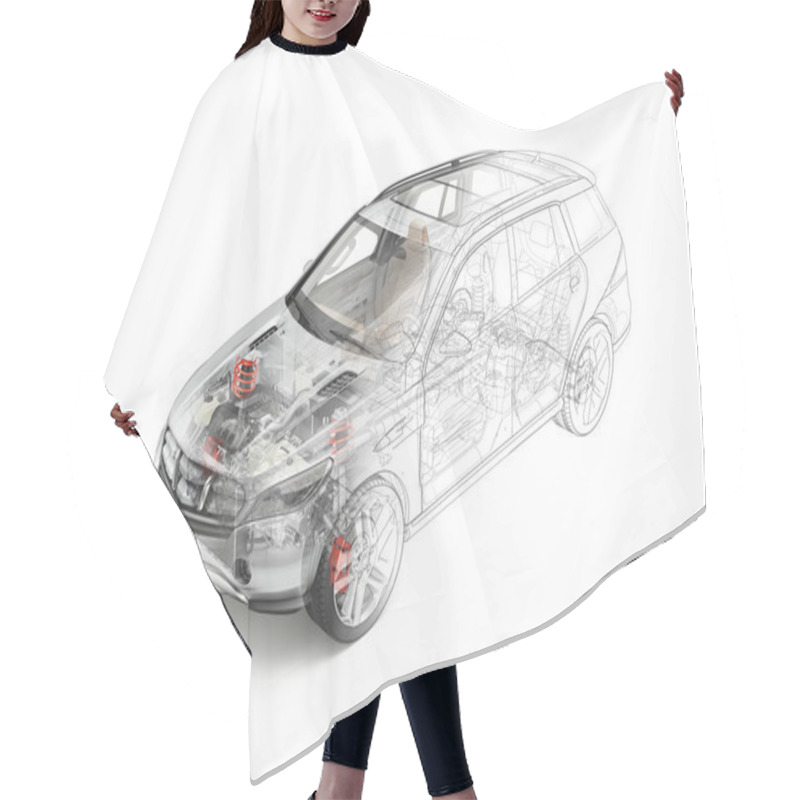 Personality  Suv Car Detailed Cutaway Realistic Morphing To Drawing. Hair Cutting Cape