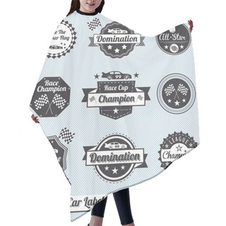 Personality  Vector Set: Race Car Champion Labels And Badges Hair Cutting Cape