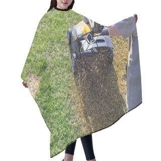 Personality  Aeration Of The Lawn In The Garden. Yellow Aerator On Green Grass Close Up Hair Cutting Cape
