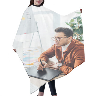 Personality  Ux Designer Using Graphics Tablet And Computer Near App Layouts On Table In Office Hair Cutting Cape