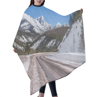 Personality  Scenic Winter Drive In Montana:  A Snowy Mountain Road Curves Through A Portion Of Glacier National Park That Remains Open All Year. Hair Cutting Cape