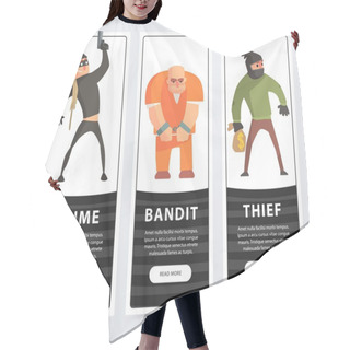 Personality  Crime, Bandit, Thief, Criminal And Convict Banners Cartoon Vector Elements For Website Or Mobile App Hair Cutting Cape