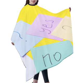 Personality  Top View Of Paper Notes With Question Mark Near Yes And No Lettering On Yellow Background Hair Cutting Cape