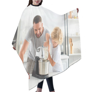 Personality  Little Boy Pouring Flour Into Mixer Bowl While His Father Standing Near At Kitchen  Hair Cutting Cape