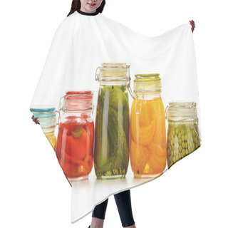 Personality  Jars With Pickled Vegetables And Fruity Compotes On White Hair Cutting Cape