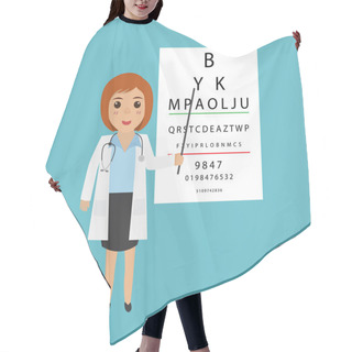 Personality  Woman Doctor Character- Optometrist Points To The Table For Test Hair Cutting Cape