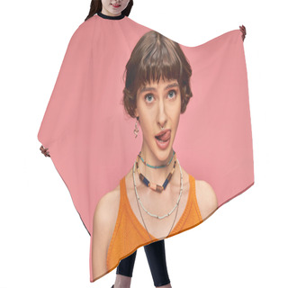 Personality  Cheeky Playful Girl In 20s With Short Brunette Hair Sticking Tongue Out On Pink Background Hair Cutting Cape