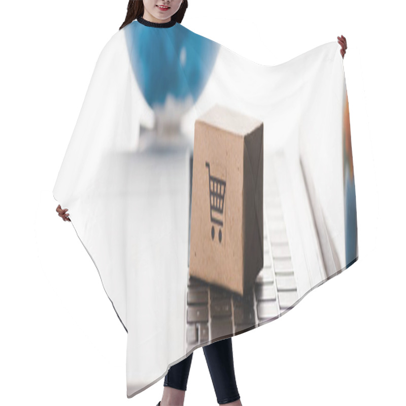 Personality  Panoramic Shot Of Toy Box On Laptop Keyboard Near Globe Isolated On White, E-commerce Concept Hair Cutting Cape