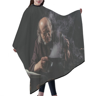 Personality  Medieval Alchemist Near Boiling Pot And Magic Cookbook On Black Background Hair Cutting Cape